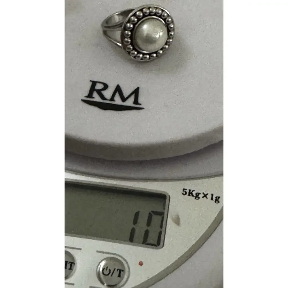 Vintage Sterling Silver Genuine Pearl Beaded Halo Statement Ring Size 7.5 10g